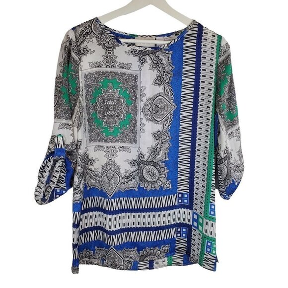 CHICO'S 0 (4) Blouse 3/4 Roll Tab‎ Sleeves Blue Geometric Bandana - Picture 1 of 4